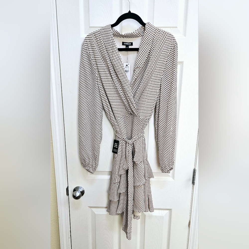 Express Polka Dot Collared Long Sleeve Tie Waist Tiered Mini Dress
